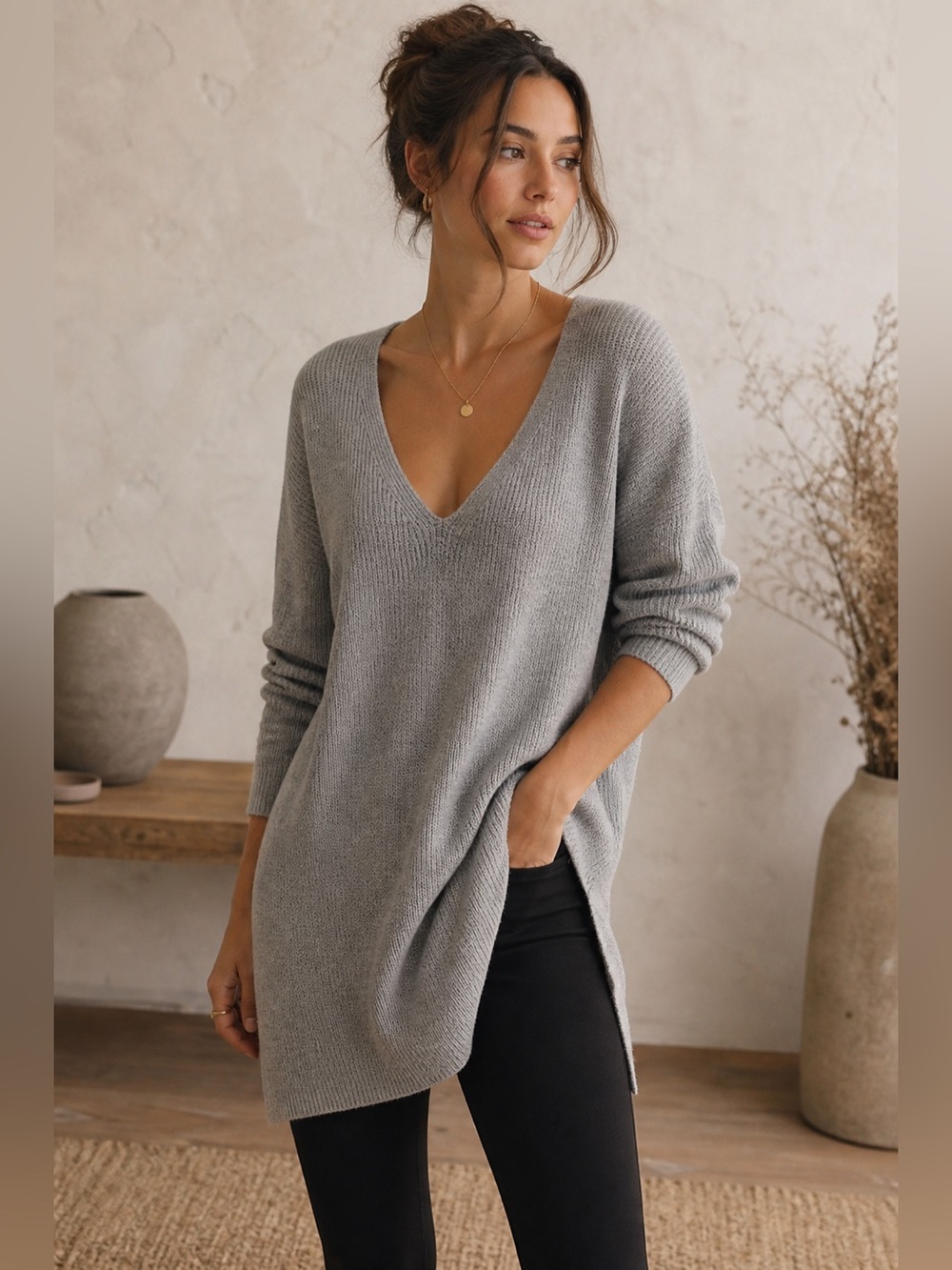 Old Navy XL Tall Gray V Neck Sweater Tunic Longline Lightweight Cozy